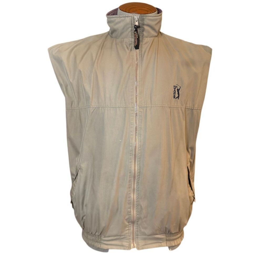 PGA Tour Men’s Windbreaker Vest Sz. M Front Zip Golf Pockets Tan All Weather